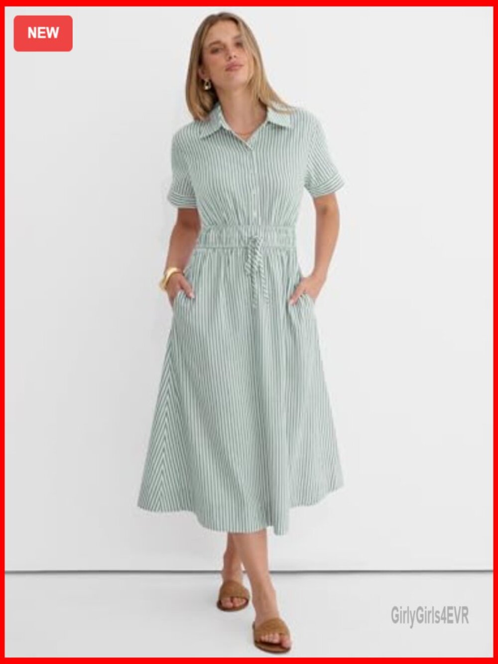 Womens Midi Dress Short Sleeve Striped Plaid Button Collar Shirt Dress Casual - Picture 2 of 7